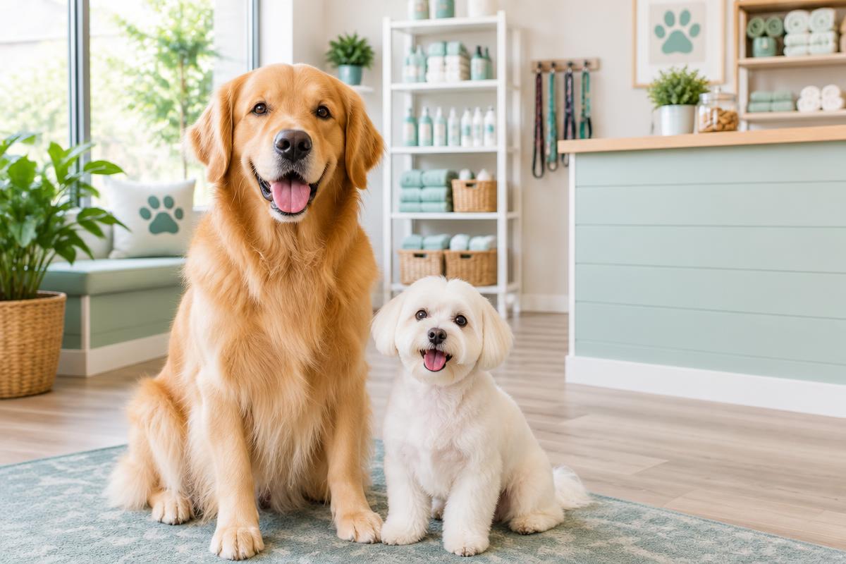 Dois cães em uma recepção demonstrativa de pet shop