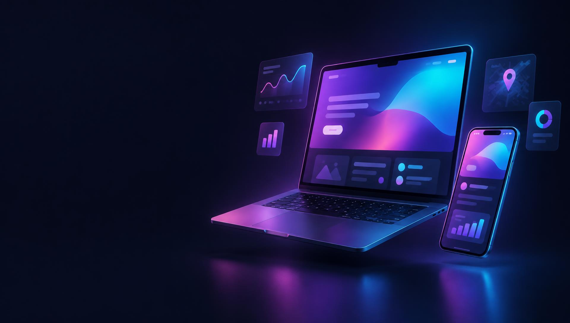 Composição ilustrativa de um site em notebook e celular